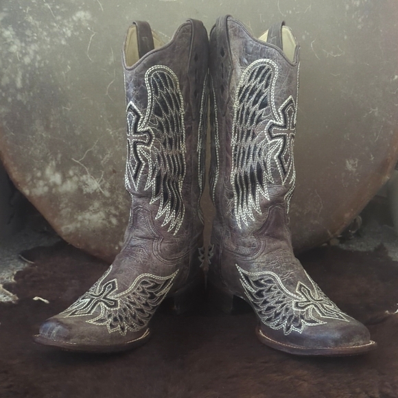 CORRAL A1197 Winged Cross taupe & black sequins cowgirl boots square toe sz10.5 - Picture 9 of 16